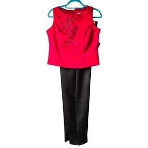 Vintage Oriental 2 pc Black Pant Set with Sleeveless Red Printed Top - Size 8